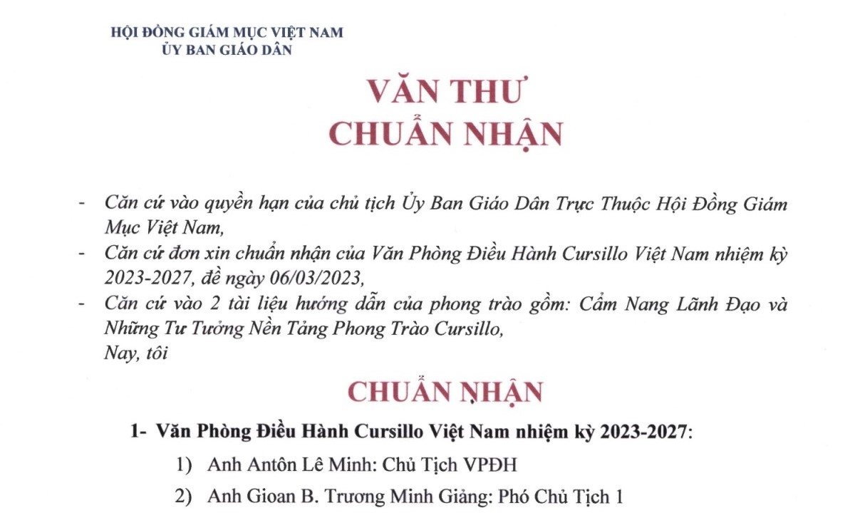 Ủy Ban Giáo Dân: Văn thư chuẩn nhận Văn Phòng Điều Hành Cursillo